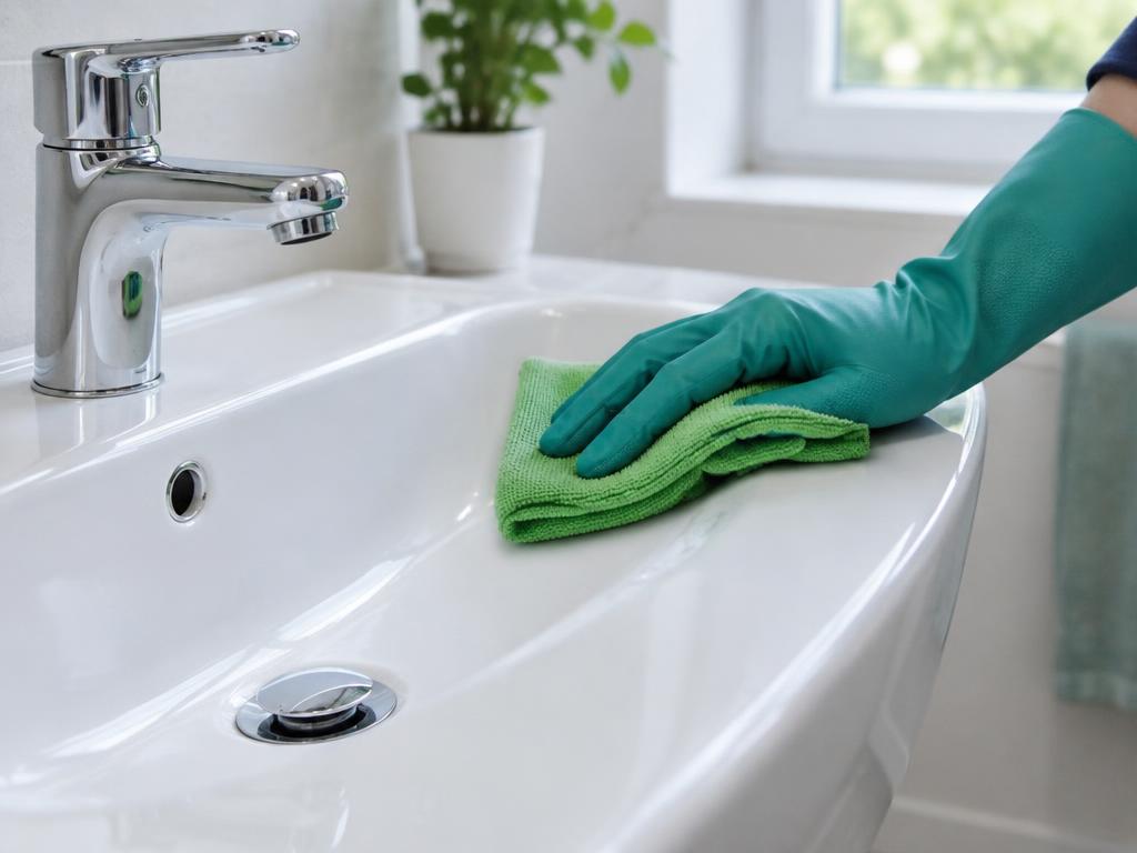 A gloved hand carefully wiping a bathroom sink